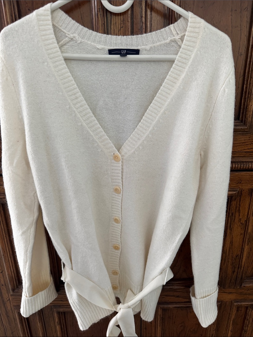 GAP Cream V-Neck Button Front Cardigan with Waist Tie